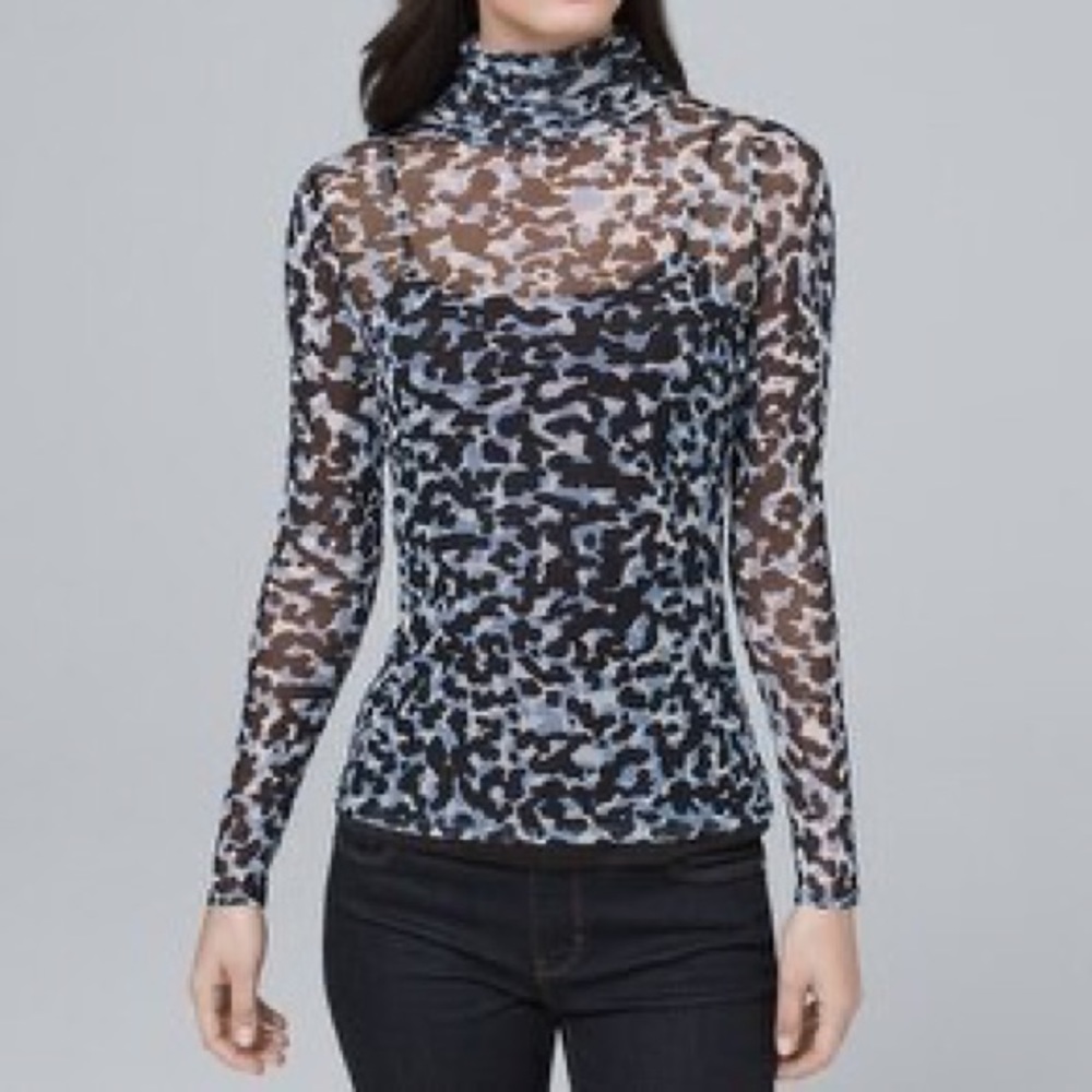 White House Black Market Mesh Blue and Black Animal Print Shirt
